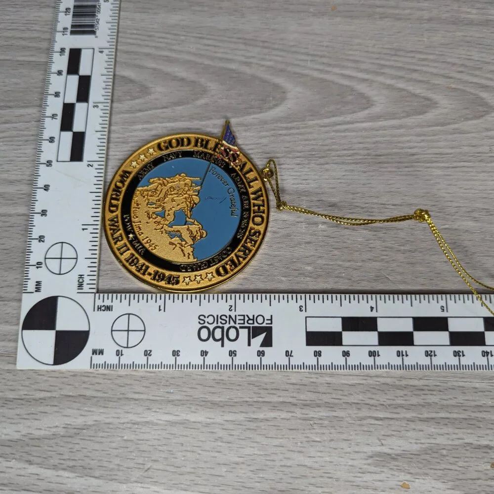2003 Set of 2 World War 1 & 2 Gold Tone Metal Christmas Ornaments